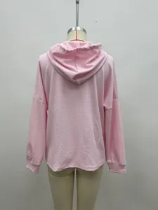 Pink waffle knit loose long sleeve hoodie casual pullover sweatshirt for women daily wear