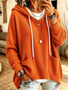 Women's Casual Waffle Knit Long Sleeve Hoodie Solid Color Loose Pullover Sweatshirt With Pocket And Drawstring