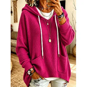 Womens waffle knit casual long sleeve hoodie sweatshirt with pockets bright pink comfortable top