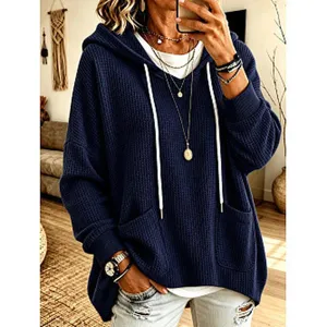 Women's waffle knit hoodie casual long sleeve loose hooded sweatshirt with front pockets navy blue