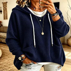 Casual waffle knit loose long sleeve hooded sweatshirt for women, cozy pullover hoodie top.