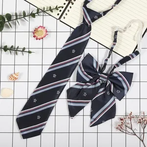 Set cravatta e fiocco stile uniforme JK giapponese blu scuro a righe floreali da donna.