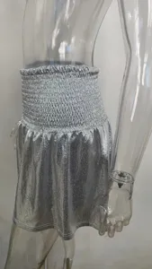 Women's silver metallic shimmer high-waisted shorts with elastic pleated waistband.