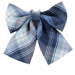 Blue plaid JK uniform bow tie, Japanese style school ribbon collar accessory for shirts.