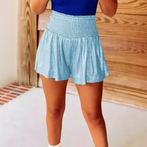 Women's high waist elastic smocked metallic shiny shorts casual summer beach daily wear