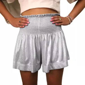 Women's metallic high waist shorts casual loose elastic smocked ruffle shimmer summer bottoms