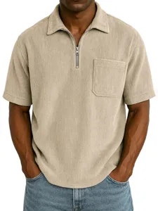 Corduroy short sleeve zip polo shirt detail, classic lapel collar, functional chest pocket.