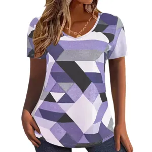Donna Moda Casual Estate Stampa Geometrica Collo V Maniche Corte T-Shirt Top Chic