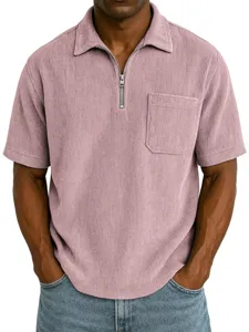 Men short sleeve corduroy zip polo shirt casual loose summer daily top fashion apparel