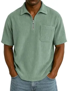 Mens green corduroy short sleeve zip polo shirt with chest pocket for casual daily wear.