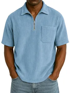 Men's Casual Corduroy Short Sleeve Zipper Polo Shirt Loose Solid Color Turn-Down Collar Summer Top