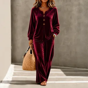 Women velvet casual two piece set V neck long sleeve button top wide leg pants main view