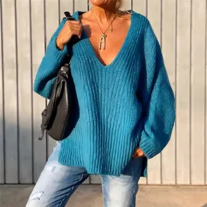 Women oversized v-neck knit sweater solid color casual long sleeve pullover top blue