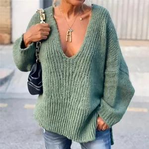 Oversized green V-neck knit sweater for women, casual chunky ribbed pullover top for daily wear.