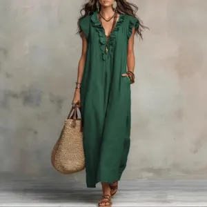 Boho green flutter sleeve maxi dress, elegant casual long dress for summer women daily.