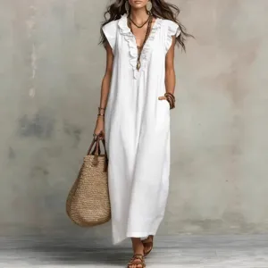 Women white bohemian maxi dress, elegant flutter sleeve long dress for spring and summer season.