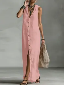 Élégante robe longue rose sans manches à capuche dotée de boutons frontaux pour l'été.