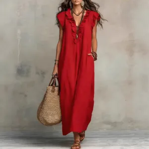 Red bohemian ruffle cap sleeve long maxi dress with pockets, casual summer holiday style.