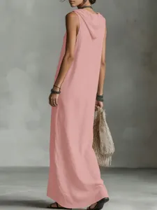 Robe longue sans manches unie avec capuche pour femmes, parfaite pour le printemps et l'été.