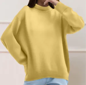 Women solid color mock neck long sleeve oversized sweatshirt casual daily wear detail view.