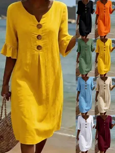 Donna Estate Casual Tinta Unita Bottone ScolloV MezzaManica VestitoMidi Spiaggia Moda