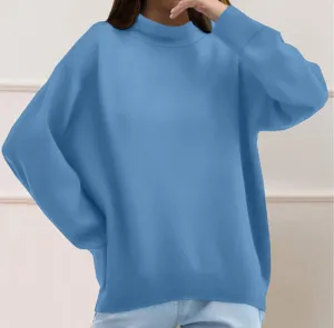 Detailed view of the stylish blue long-sleeve loose sweatshirt for women, comfortable.