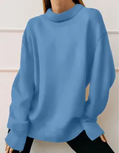 Detailed view of casual solid color mock neck long sleeve pullover sweatshirt in soft blue.