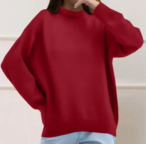 Solid color long sleeve mock neck sweatshirt detail view, casual loose fit apparel.