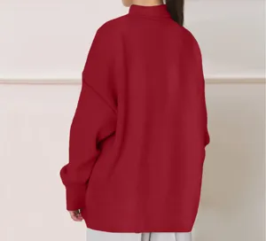 Detailed back view of a solid red long-sleeve mock neck sweatshirt for casual wear.