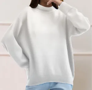 Detail view of casual solid white mock neck long sleeve sweatshirt, comfortable minimalist style.
