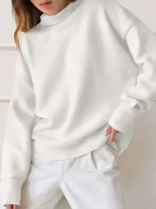 Casual solid color long sleeve high neck sweatshirt, comfortable loose fit basic apparel.