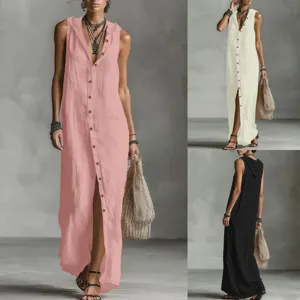 Robe Décontractée Femme Couleur Unie Capuche Sans Manches Cardigan Simple Boutonné