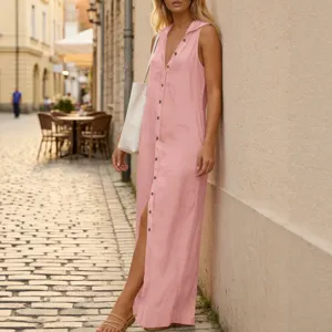 Robe longue unie sans manches avec capuche cardigan décontracté boutonné pour femme