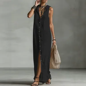 Robe longue femme unie sans manches à capuche avec boutons style décontracté plage