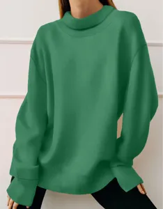 Green long sleeve mock neck sweatshirt detail view, casual solid color oversized pullover top.