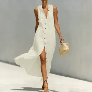Femme robe longue sans manches à capuche boutonnée couleur unie été decontractée chic