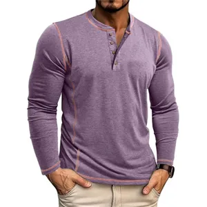 Men's long sleeve henley shirt casual purple top with contrast stitching and button placket