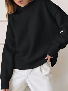 Detailed shot of a black mock neck long sleeve sweatshirt, casual minimalist pullover style.
