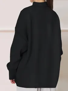 Casual solid color long sleeve mock neck sweatshirt detail back view fashion apparel style.