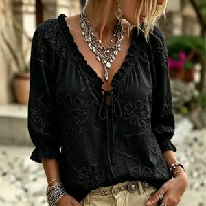 Women black embroidered V-neck tie up three quarter sleeve boho chic blouse detail view