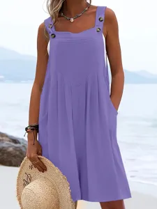 Women casual sleeveless solid color jumpsuit with buttons and pockets beach style outfit
