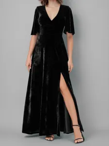 Women's Elegant V-Neck Half Sleeve Split Solid Color Velvet Maxi Dress Formal Evening Party Dress