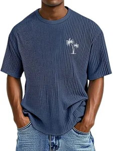 Mens waffle t-shirt tropical palm tree print short sleeve casual loose crewneck top