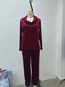 Wine red velvet lounge set with stylish cowl neck long sleeve top and comfortable pants for women