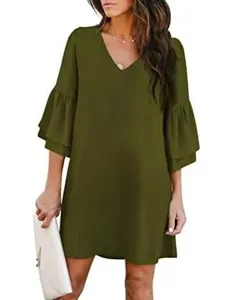 Women solid color v neck flare sleeve loose casual mini dress for summer fashion wear