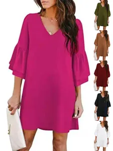 Women's Summer Solid Color V-Neck Trumpet Sleeve Loose Casual Midi Dress Elegant Polyester Woven Daily Wear Women Dress