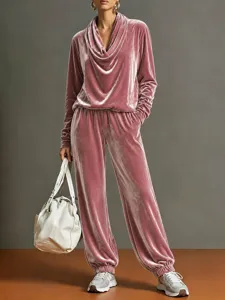 Pink velvet cowl neck long sleeve top and loose joggers casual lounge set detail view.