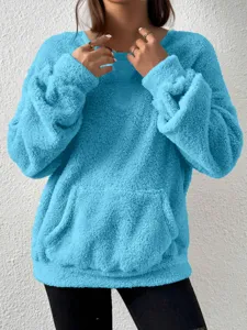 Comfortable long sleeve solid color fuzzy fleece sweatshirt with pocket for women autumn.