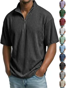 Men's Casual Corduroy Polo Shirt Summer Short Sleeve Half Zip Stand Collar Slim Fit Solid Color Polyester Fashion Top
