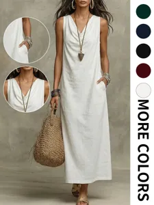 Summer casual sleeveless loose maxi dress with cowl neck and pockets for women fashion.